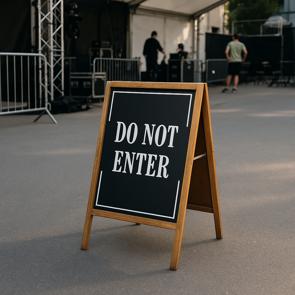 A 'Do Not Enter' sign on a stand outdoors with people and equipment in the background.