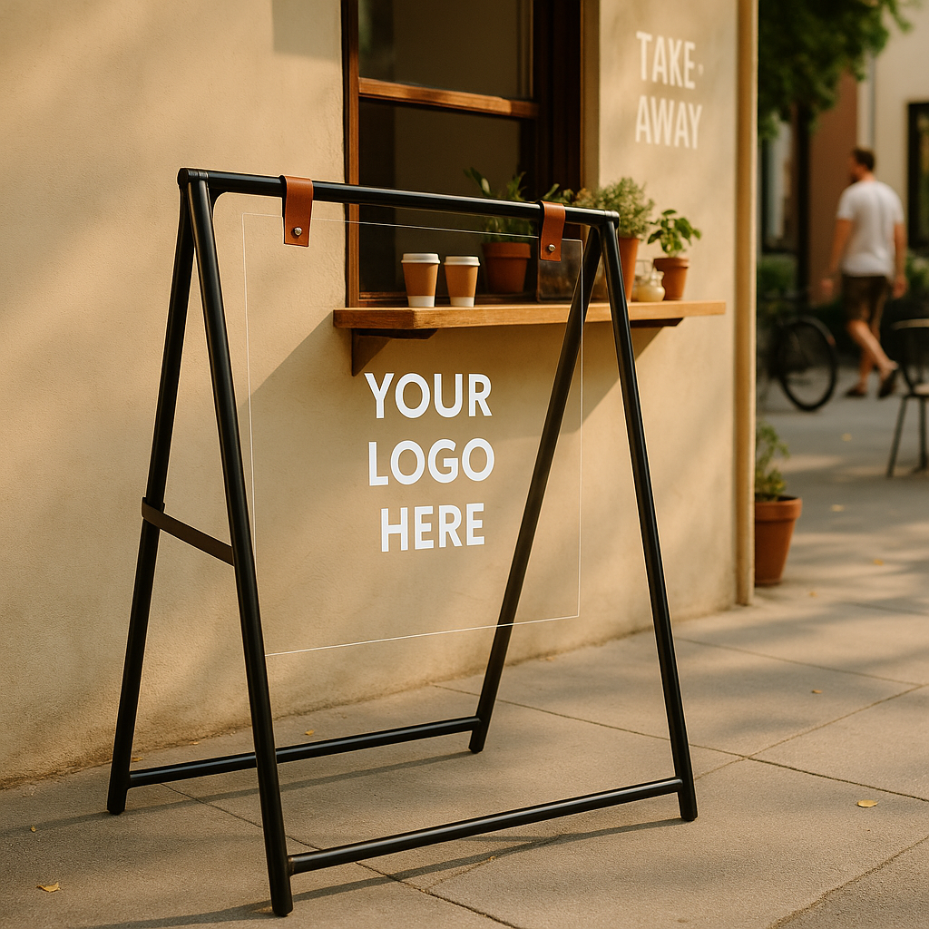 Clear signboard with black frame on a sidewalk, ready for branding.