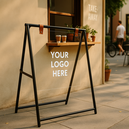 Clear signboard with black frame on a sidewalk, ready for branding.