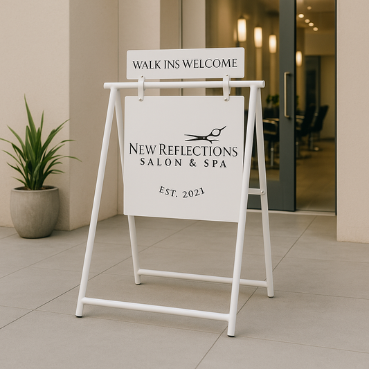 A Frame sidewalk sign with header for cafés, restaurants and retail storefronts.