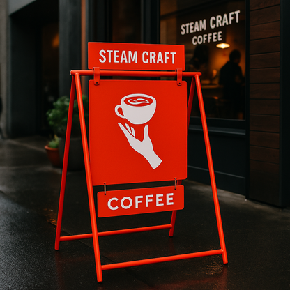 Double-sided metal A Frame sidewalk sign with customizable header plate.