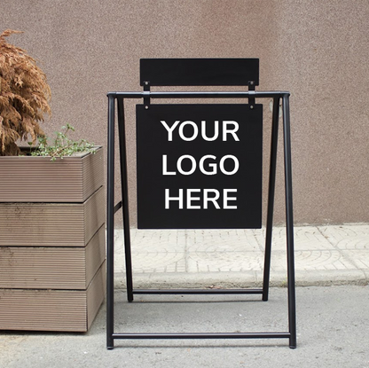 Black blank A Frame sidewalk sign with header.