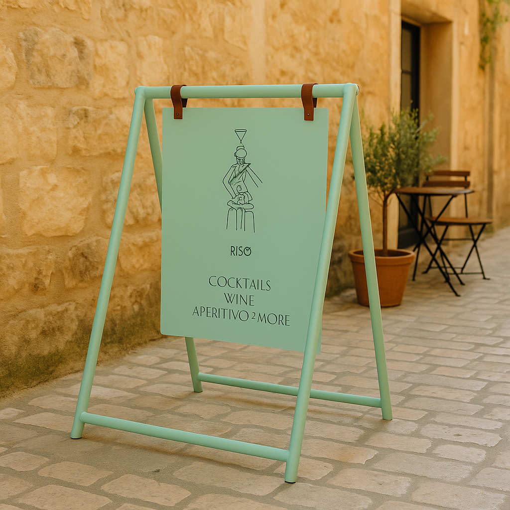 Outdoor signboard with text and graphics on a stone pavement