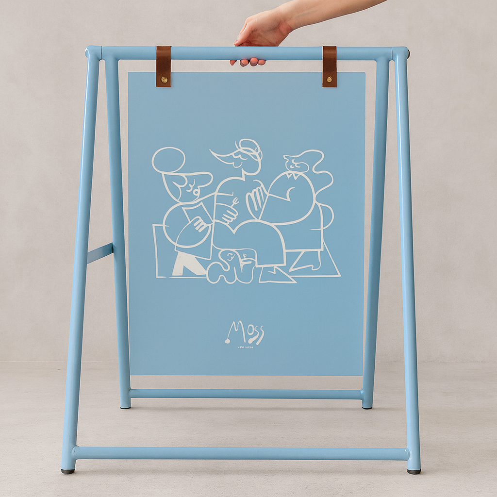 Light blue a-frame sign with white line art design on a plain background