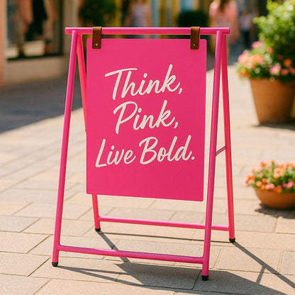 Pink sign with 'Think, Pink, Live Bold' on a street with blurred background