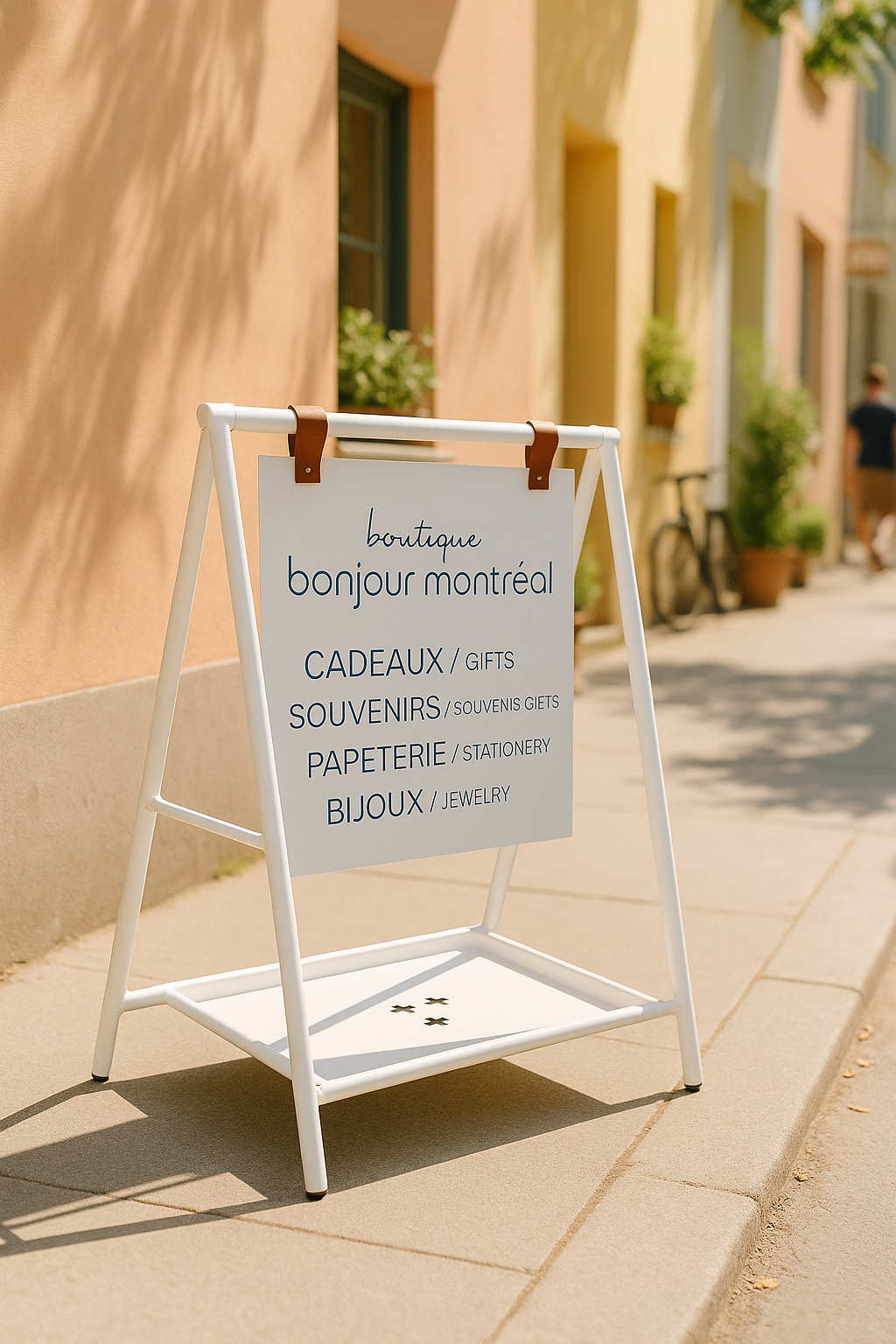 Outdoor sign for 'bonjour montréal' store on a sidewalk with a building in the background.