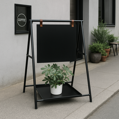 Black metal sign stand with a plant on a sidewalk