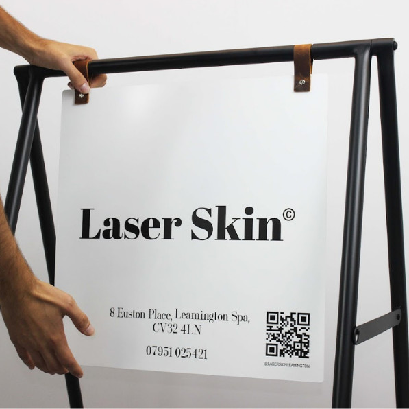 Double-sided A-frame sidewalk sign with a storage tray, a portable and stylish sign for cafes, restaurants, and boutiques. Both sides can be printed or left blank, and the tray allows for extra display or storage. Known as a ‘storefront A-frame sign’ and ‘sidewalk sandwich sign.’

