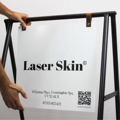 Double-sided A-frame sidewalk sign with a storage tray, a portable and stylish sign for cafes, restaurants, and boutiques. Both sides can be printed or left blank, and the tray allows for extra display or storage. Known as a ‘storefront A-frame sign’ and ‘sidewalk sandwich sign.’

