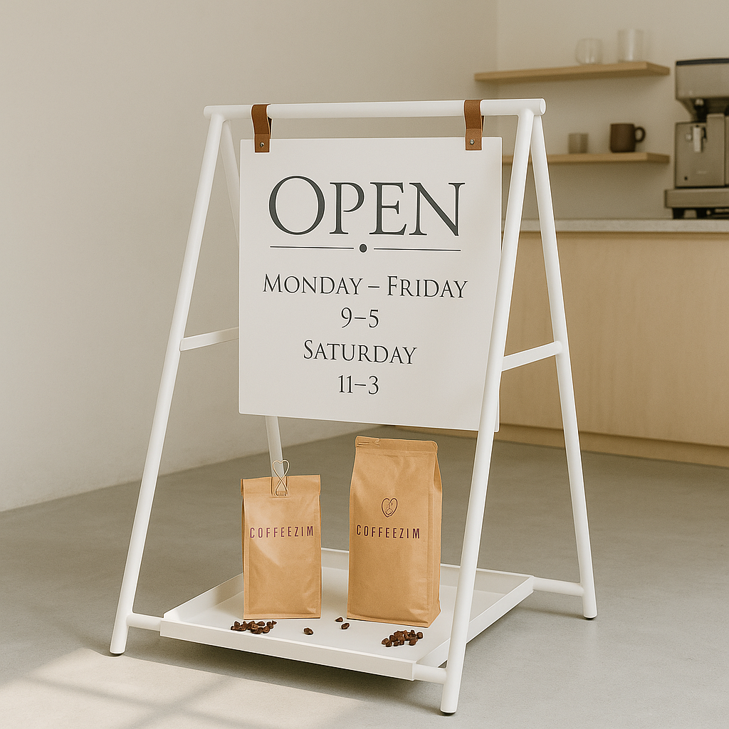 Open sign on a stand with coffee bags and scattered beans in a coffee shop setting