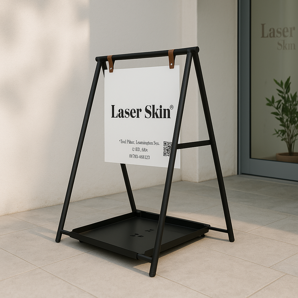 Black stand with a 'Laser Skin' sign on a light-colored floor.