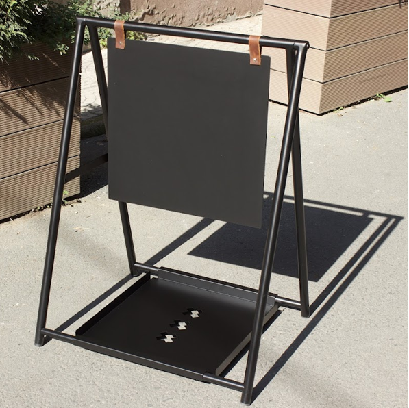 Double-sided A-frame sidewalk sign with a tray, ideal for displaying daily menus, promotions, or announcements. The tray allows for easy storage of flyers or other promotional items, recognized by the keywords ‘sidewalk sandwich sign’ and ‘storefront A-frame sign.’

