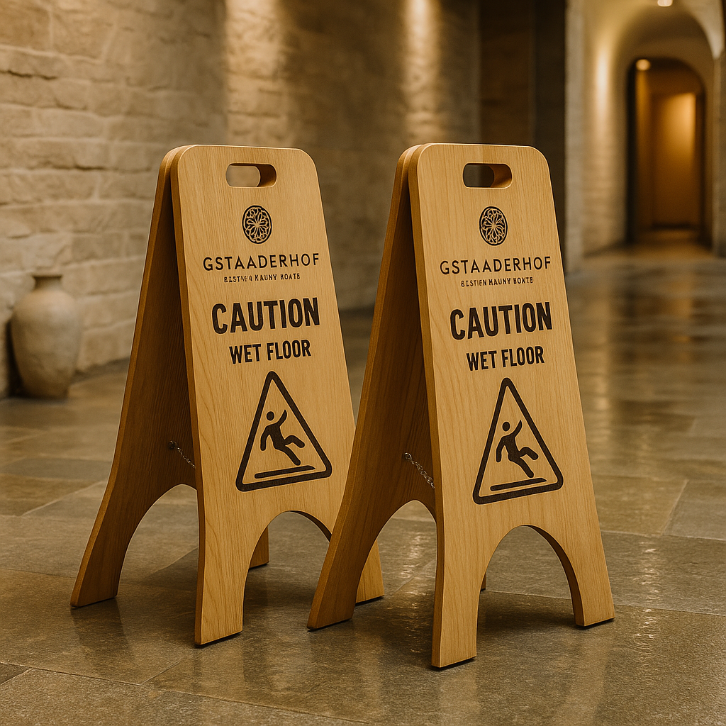 Two wooden 'Caution Wet Floor' signs in a hallway with stone walls and floor.