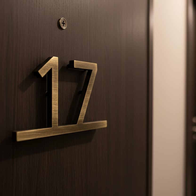 Brass house number '17' on a wooden door