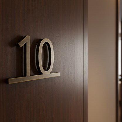 Gold number '10' on a wooden door with a blurred interior background