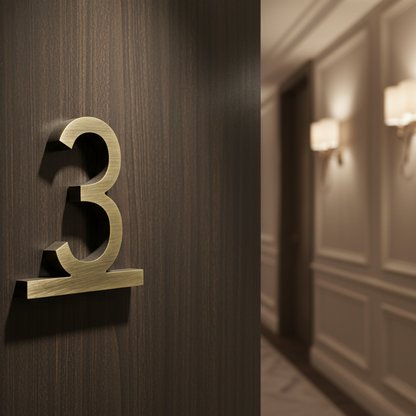 Gold number '3' on a wooden door with a blurred hallway in the background