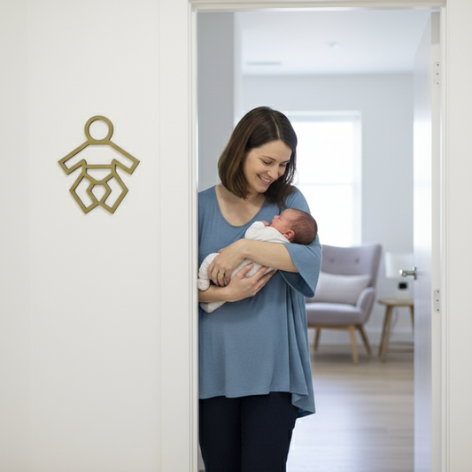 Woman holding a baby in a doorway with a home decor element in the background