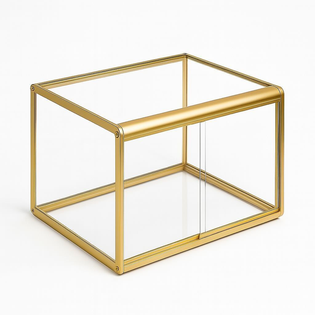 Gold-framed glass display box on a white background