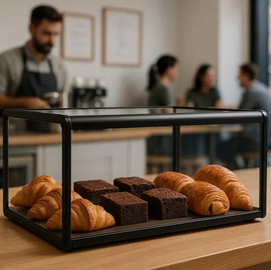 Display case with pastries on a counter in a café setting