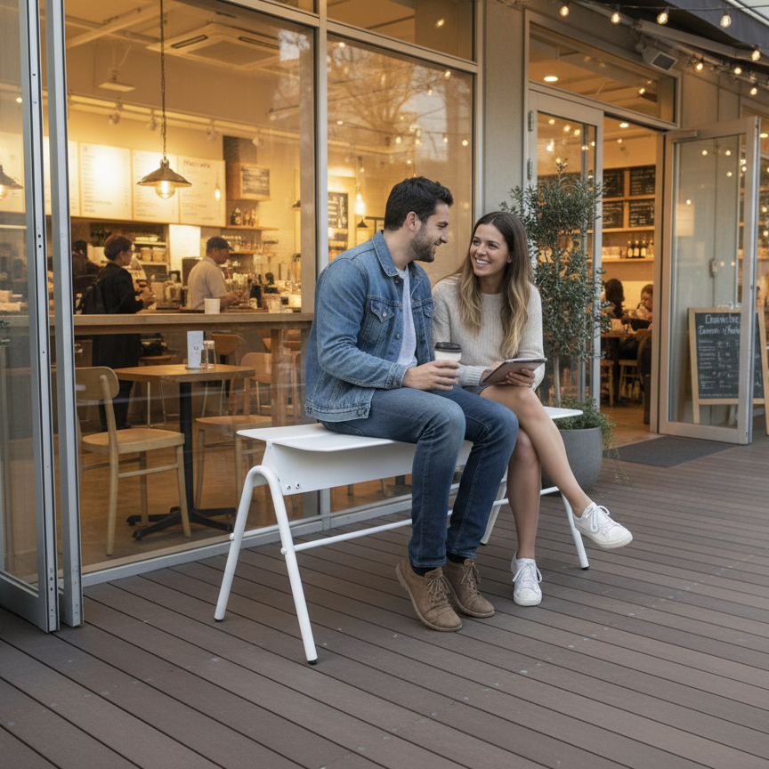 Man and woman sitting on a bench outside a cafe, looking at a tablet.
