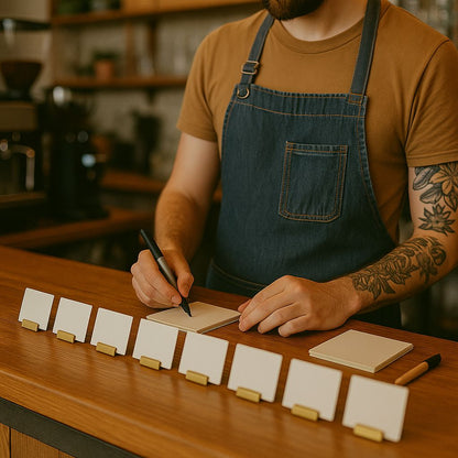 Person in a coffee shop writing on a notepad with coffee equipment in the background