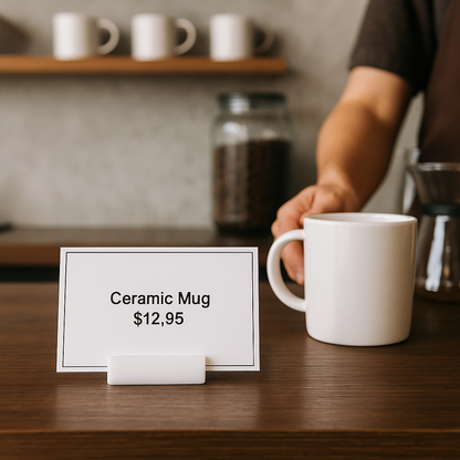Ceramic mug on a table with a price tag in a coffee shop setting