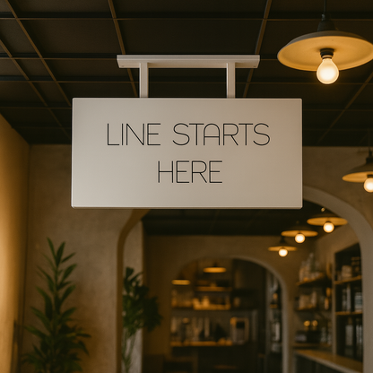Sign hanging from the ceiling with 'LINE STARTS HERE' text, blurred interior background