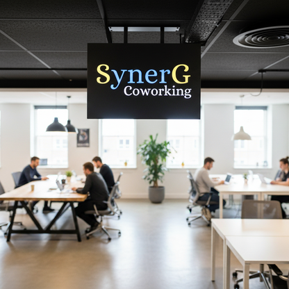 SynerG Coworking office space with people working at tables.