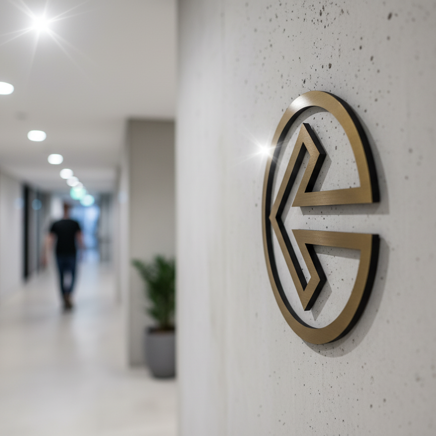 Logo on a wall in an office hallway