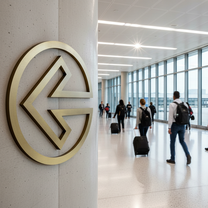 People walking through a modern airport terminal with a prominent logo on a wall.