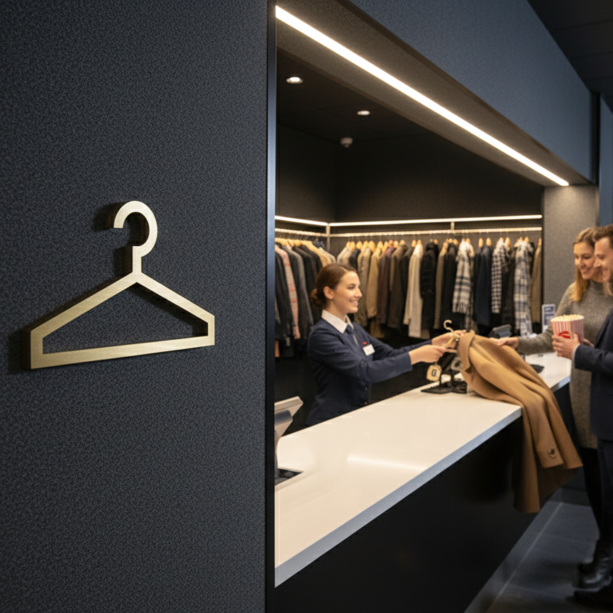 People at a coat check counter in a store with a gold hanger on a black wall.