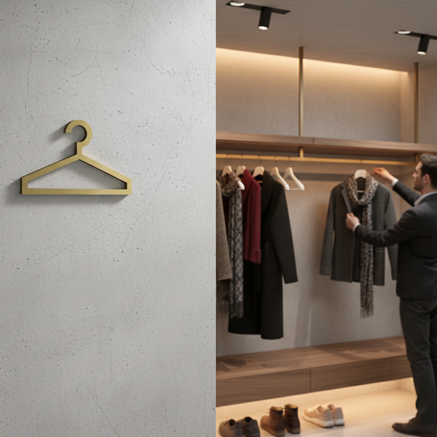 Man in a stylish outfit selecting clothes in a modern wardrobe with a gold hanger on a gray wall.