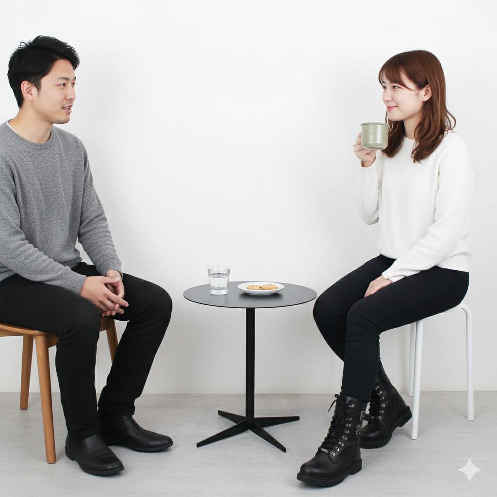 Two people sitting at a small table with a white background
