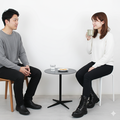 Two people sitting at a small table with a white background