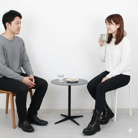 Two people sitting at a small table with a white background