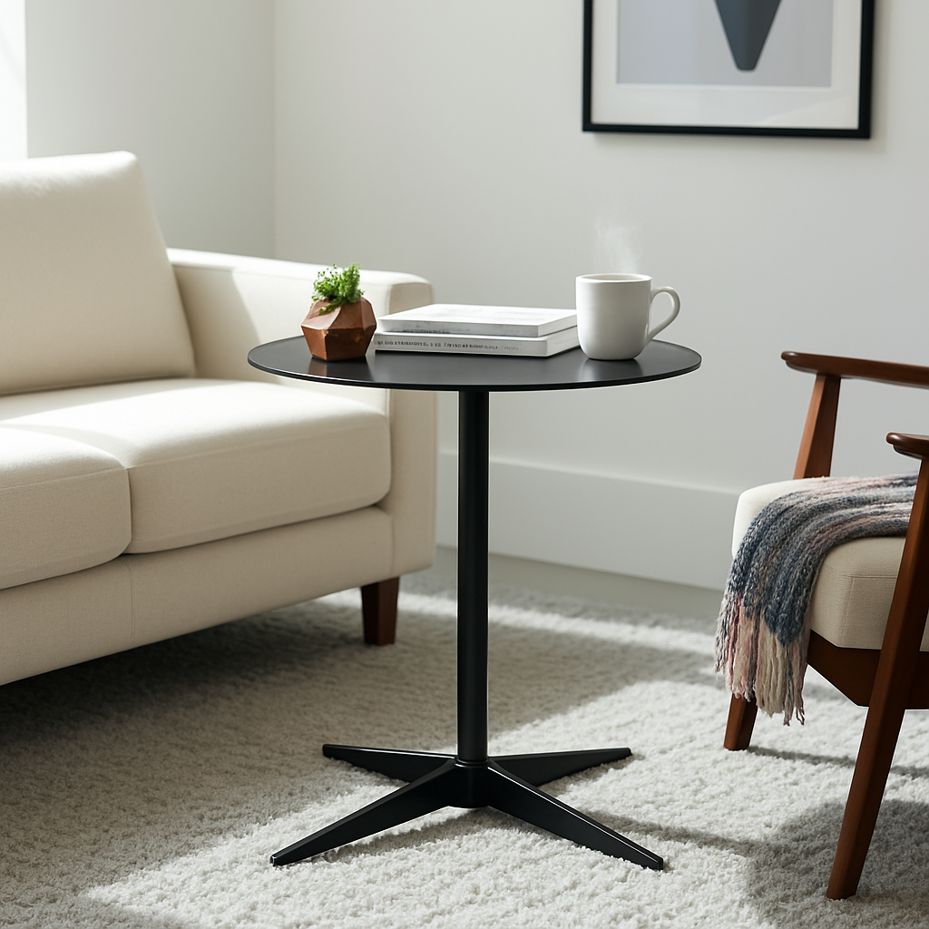 Black side table with a white mug, books, and a small plant in a living room setting.