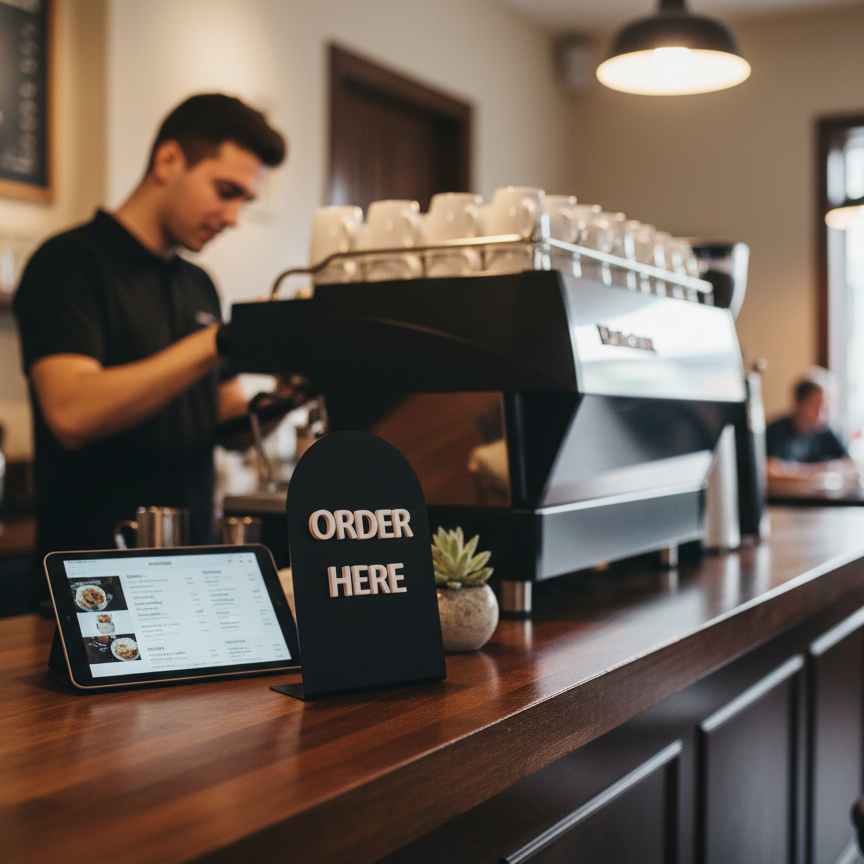 Coffee shop interior with a barista and coffee machine, featuring a 'Order Here' sign.