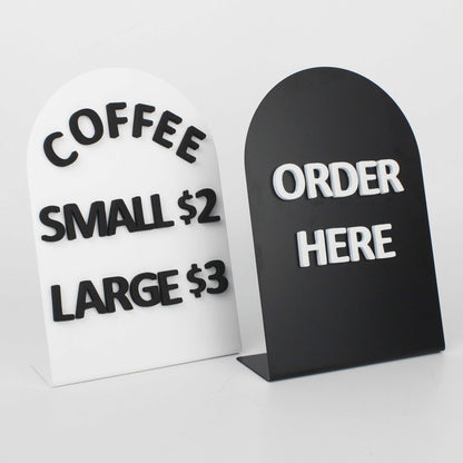 Black and white durable metal tabletop panels with foam magnetic letters, customizable for displaying menus, prices, or messages. Perfect for cafés, restaurants, and other businesses seeking a stylish and functional communication solution.