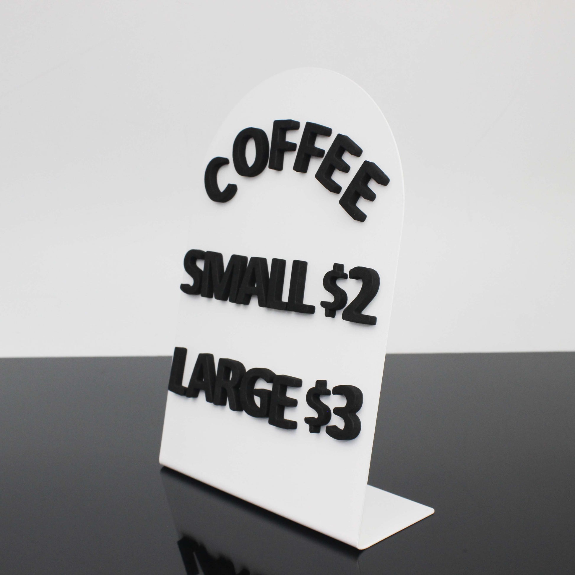 Sleek metal tabletop panels with foam magnetic letters, perfect for updating menus or announcements in cafés and restaurants.

Modern and durable metal displays with foam magnetic letters, offering a customizable and stylish solution for businesses.