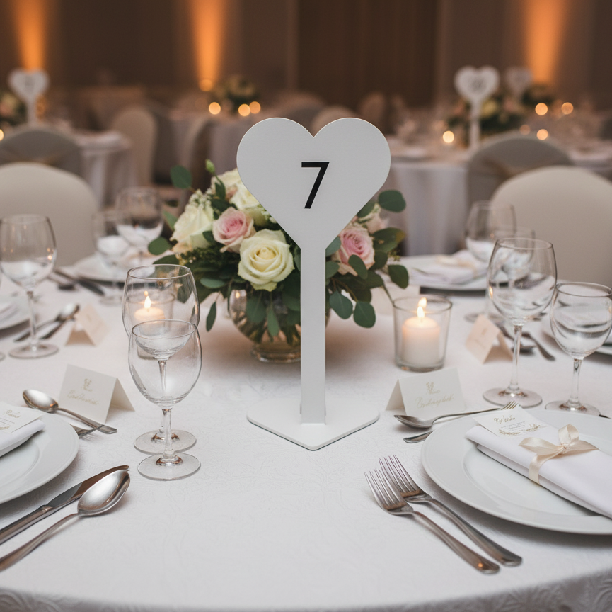 Decorated table setting with floral centerpiece and heart-shaped table number 7.