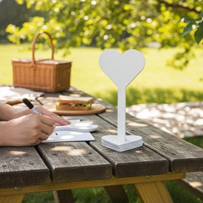 Heart-shaped lamp on a wooden table outdoors with a picnic basket and grass in the background
