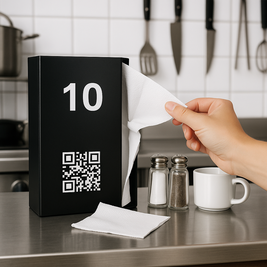 Hand pulling a napkin from a black dispenser with the number 10 and QR code, in a kitchen setting.