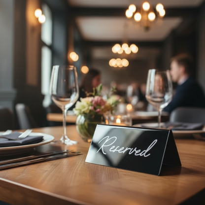 Reserved table sign on a restaurant table with wine glasses and plates.
