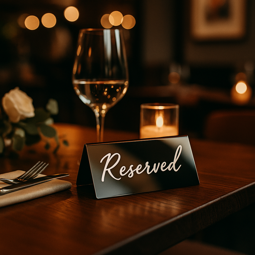 Reserved sign on a restaurant table with a glass of wine and candle in the background