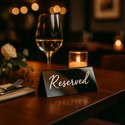Reserved sign on a restaurant table with a glass of wine and candle in the background