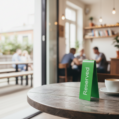 Reserved sign on a table in a coffee shop with people in the background