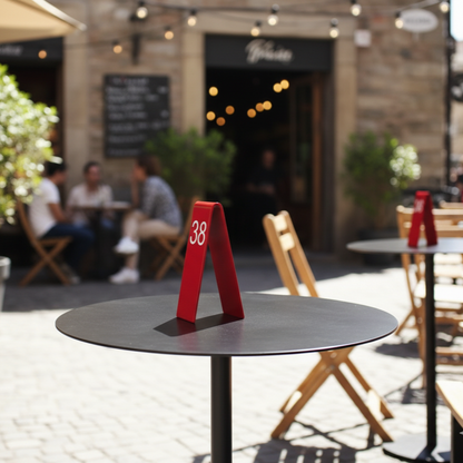 Outdoor cafe setting with tables, chairs, and a red number '38' sign.