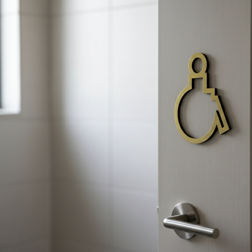 People in a public restroom with a gold disabled symbol on the wall.