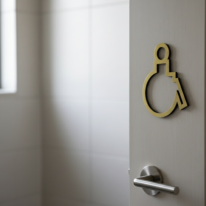 People in a public restroom with a gold disabled symbol on the wall.