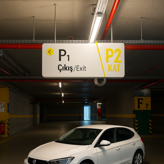 Double-Sided Parking Guidance Board – Ceiling Mounted Exit and Floor Sign